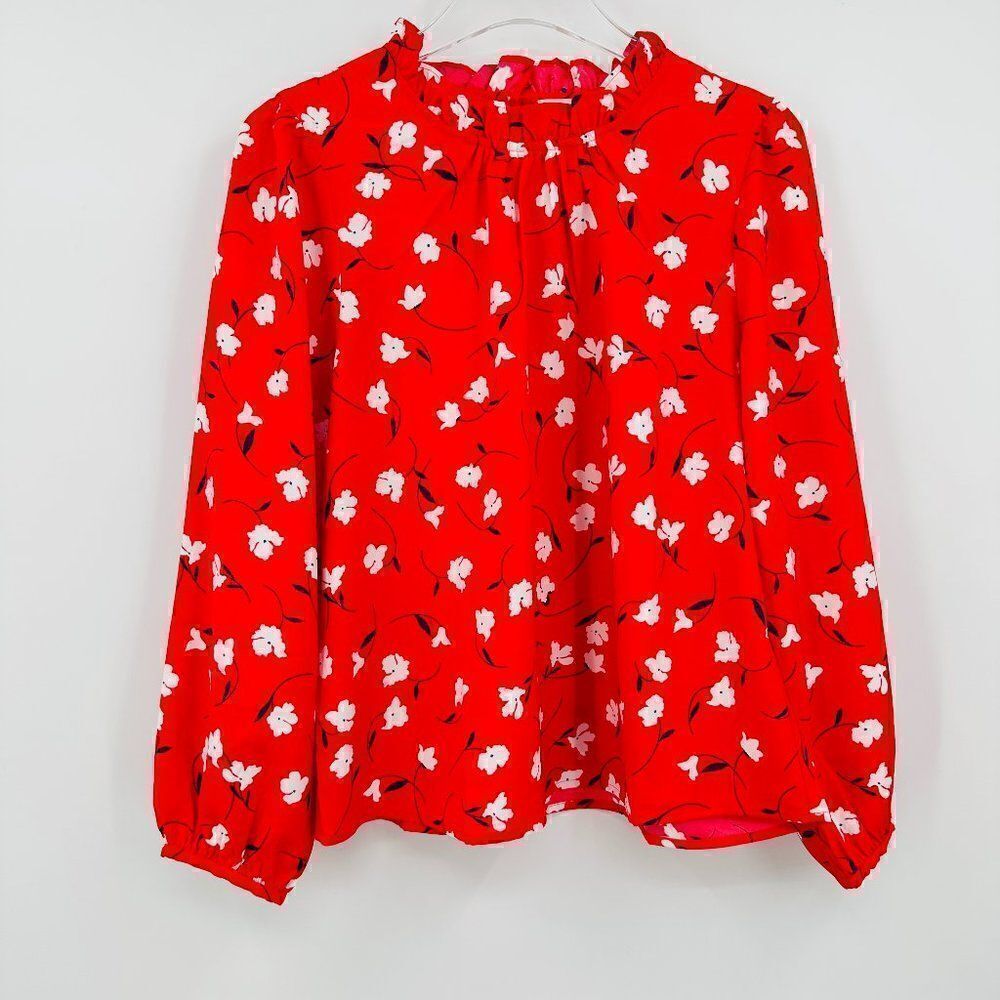 J. Crew Size Large Petite PL Red Floral Long Sleeve Ruffleneck Blouse Top
